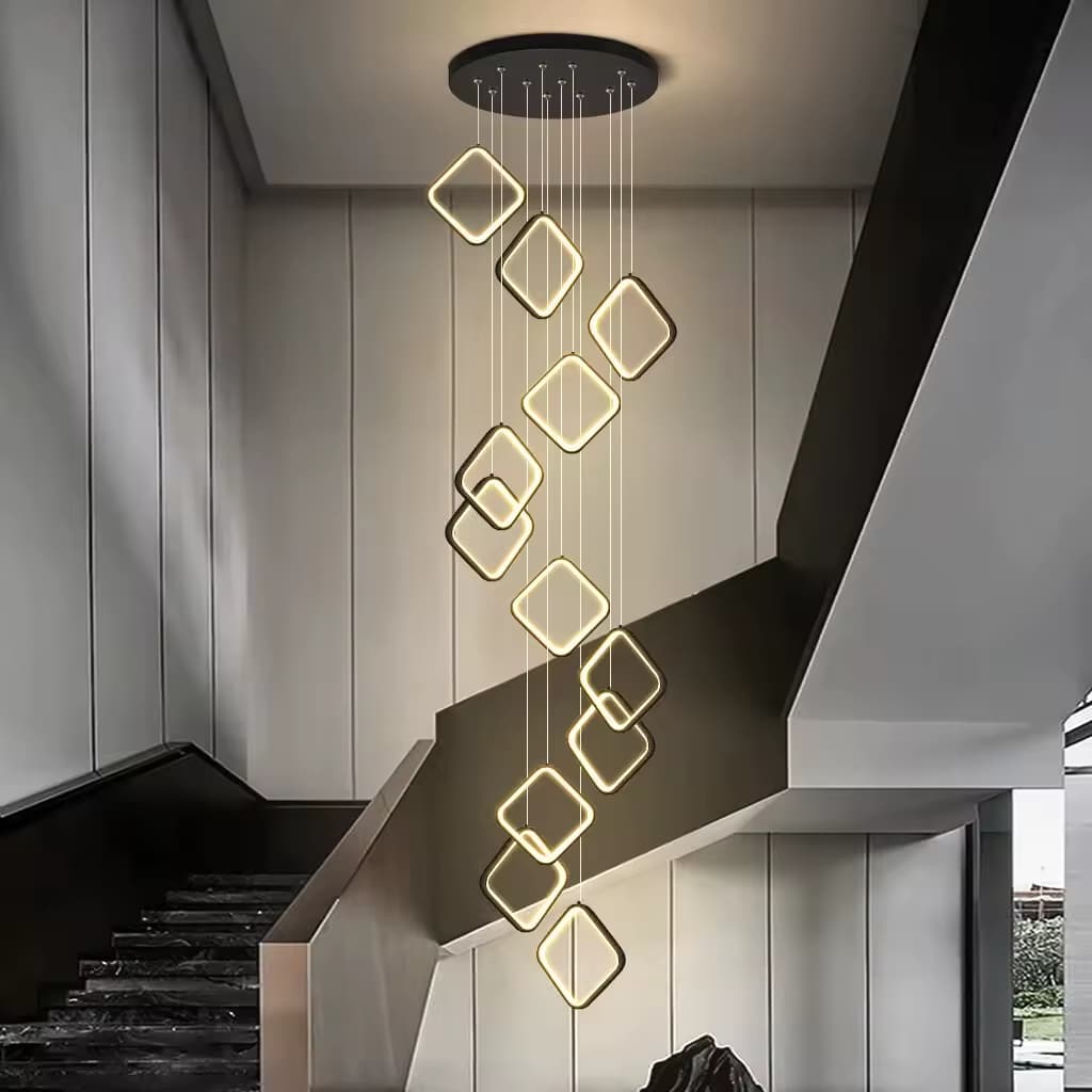 Geometric LED Cascade Chandelier – Floating Square Rings for Stairwell – LM7112 (2)