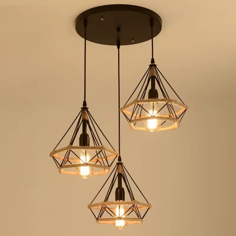 Industrial Rope Cage Chandelier – Triple-Head Linear Fixture – LM7109 (3)