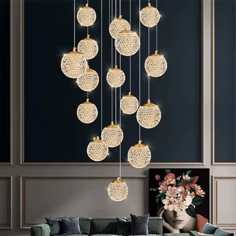 Lattice Sphere Cluster Pendant – Cascading Textured Glass Orbs – LM7114 (2)