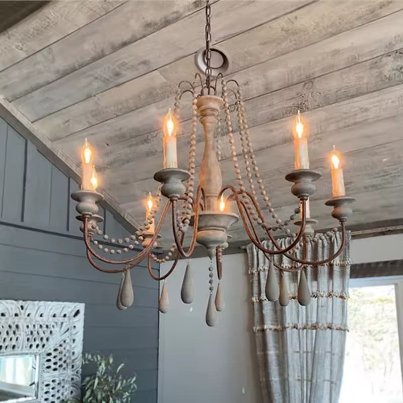 Rustic Wood Bead Chandelier – Farmhouse Vintage Statement Piece – LM7110 (2)