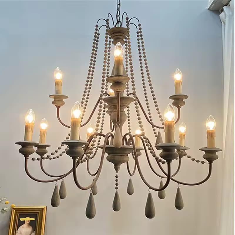 Rustic Wood Bead Chandelier – Farmhouse Vintage Statement Piece – LM7110 (4)