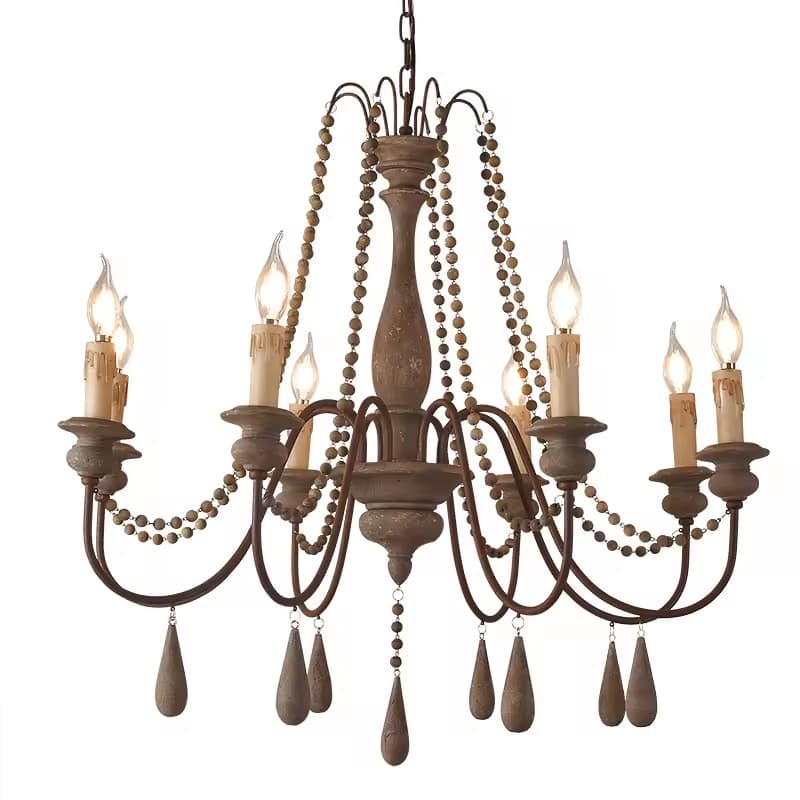 Rustic Wood Bead Chandelier – Farmhouse Vintage Statement Piece – LM7110 (6)